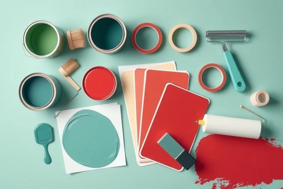 Pots de peinture, nuancier, brosses et rouleaux disposés à plat