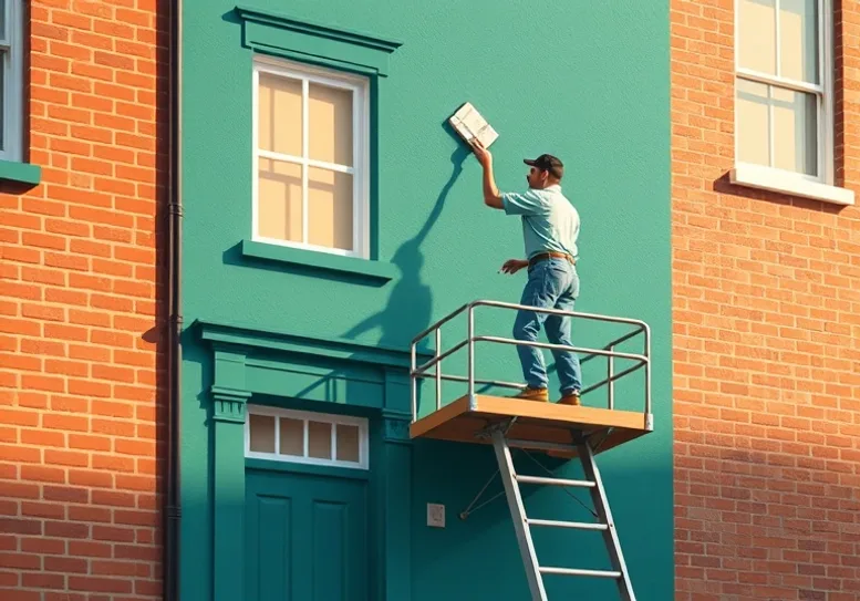 Peintre sur échafaudage traitant la façade d'une maison
