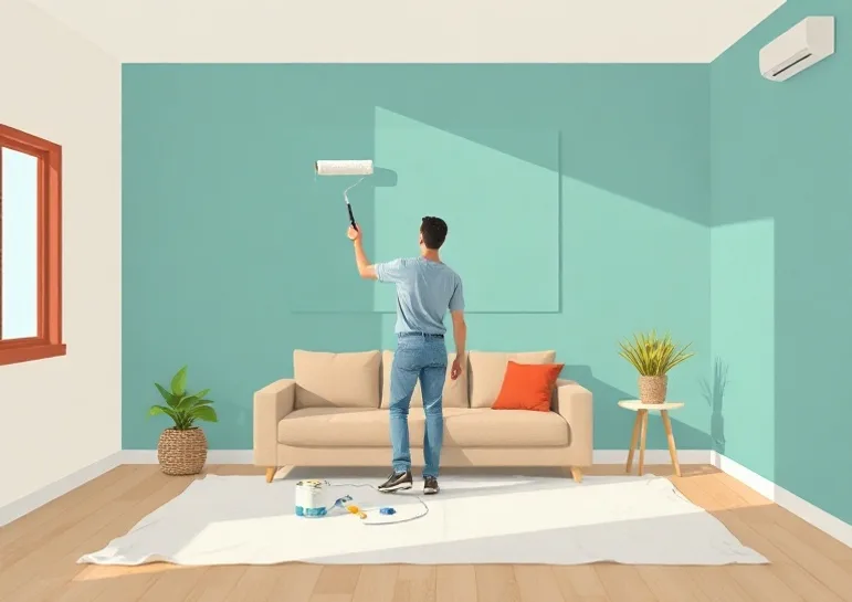 Peintre appliquant la peinture au rouleau sur un mur de salon